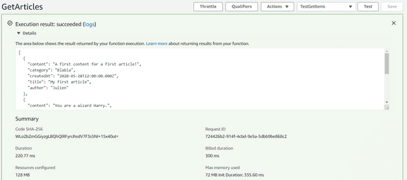 Lambda GetArticles Success
