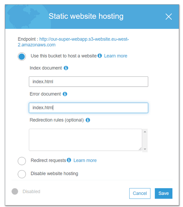 s3 webhost config